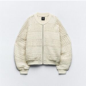 Zara Off-White Textured Knit Zip Bomber